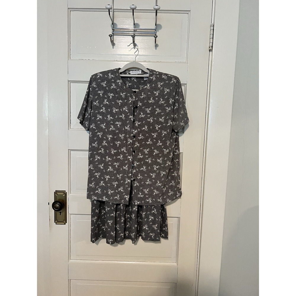Liz Claiborne Skirt Suit Gray White Floral Print Outfit Set Size 12 VTG
